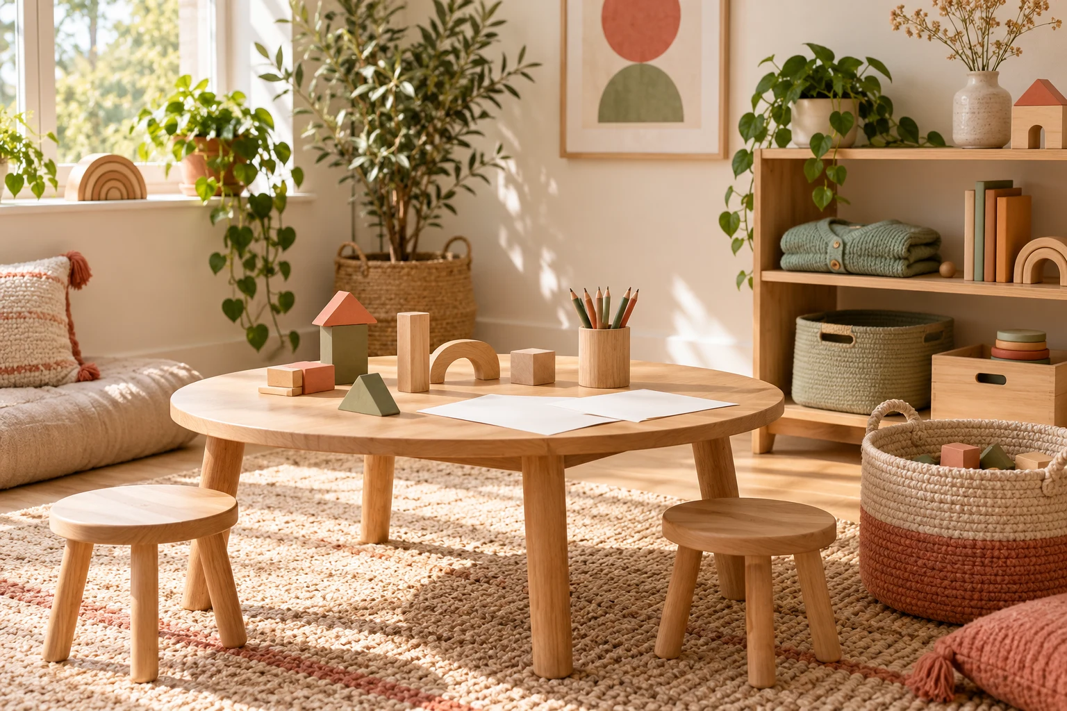 An empty sunlit activity corner with wooden blocks, blank drawing paper and baskets; a fictional illustration.